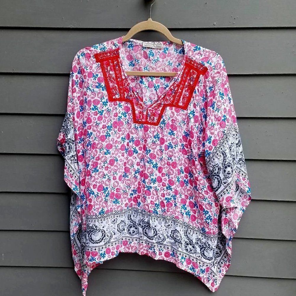 Behind the Seams Red/Blue Boho Bat Wing Peasant Top ck measurements